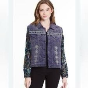 NWT John Mark Womens Blue Corduroy Burnt Velvet Sleeve Trucker Jacket Medium